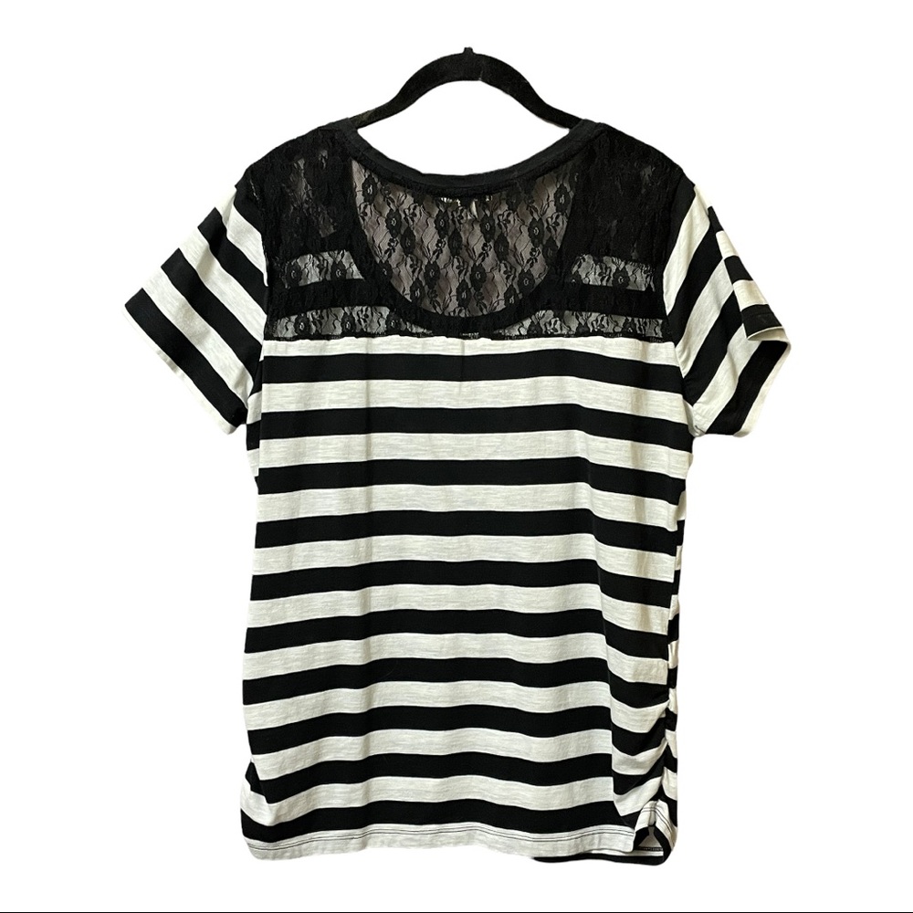 Scoop neck black/white stripe tee with black lace yoke whimsigoth size 1X